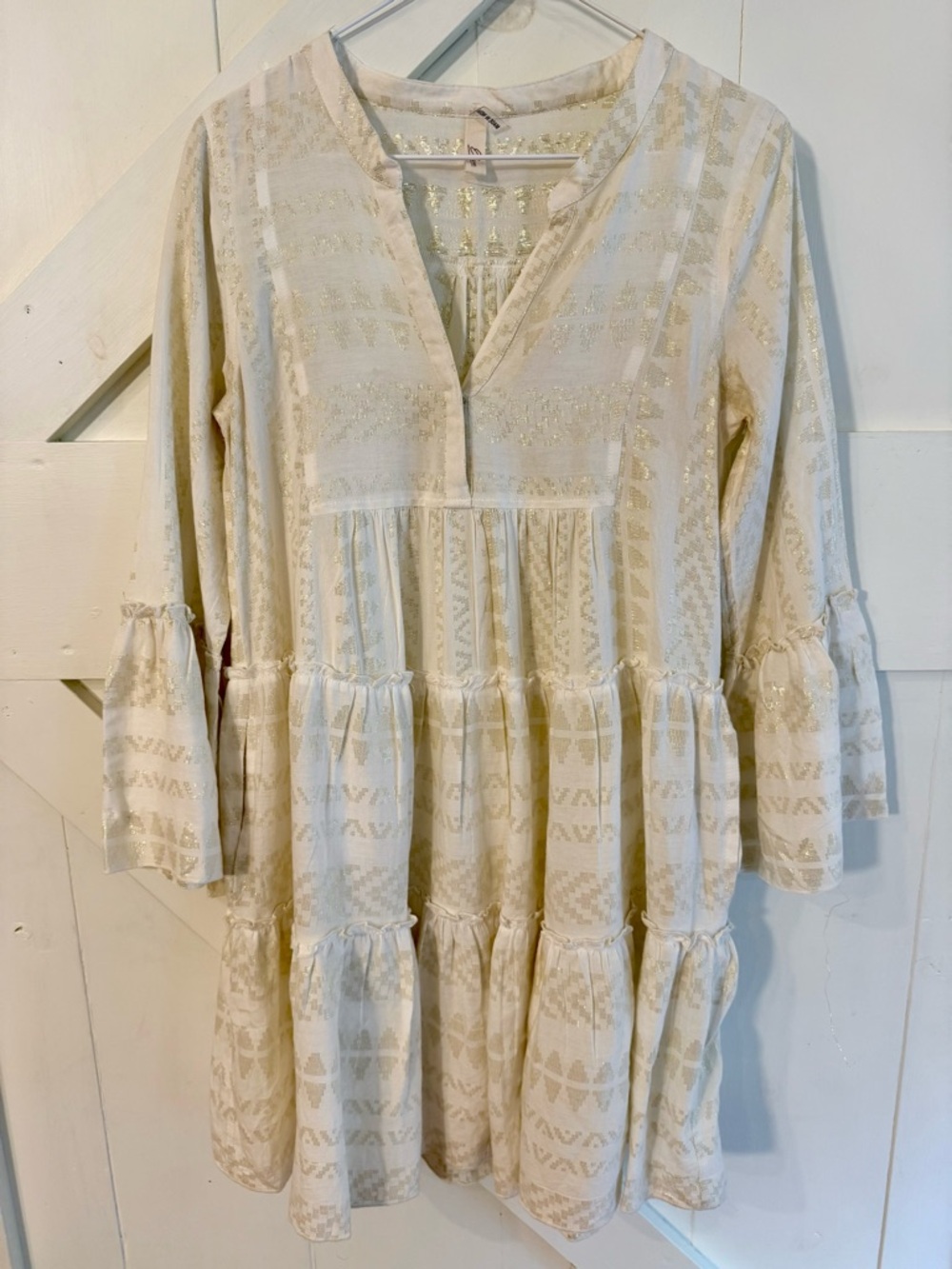 Elan‎ Small Cream Gold Metallic Tiered Boho Dress Pockets